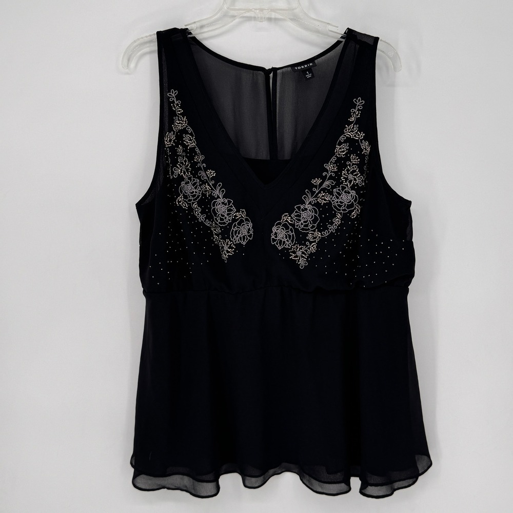 Torrid Blouse Womens 1 Black Good Embroidered Beaded V-Neck Chiffon Babydoll Top